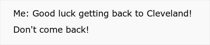 Text quote about wishing Karen good luck returning to Cleveland after flight conflict Text quote about wishing Karen good luck returning to Cleveland after flight conflict