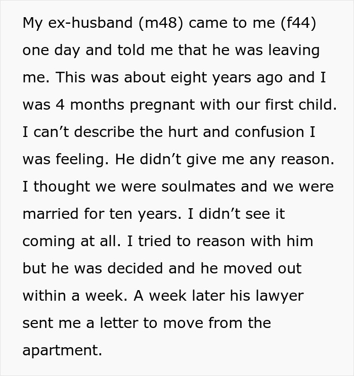 Screenshot of text detailing an apology, a husband leaving his pregnant wife, and an inheritance situation.