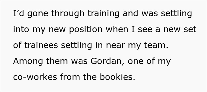 Text describing the guy settling into a new position and seeing a former coworker, crucial for exposing thieves and taking down company.