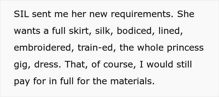 SIL's elaborate wedding dress requirements with silk, embroidery, and train