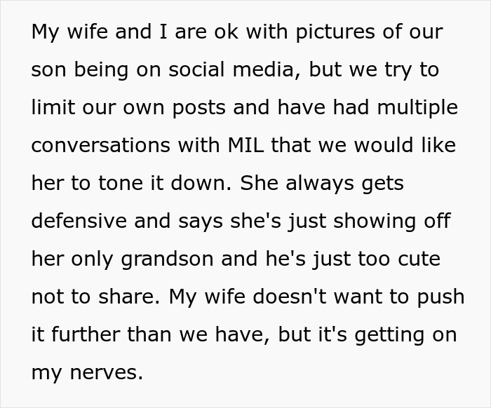 Text on parents' concern over MIL sharing child photos on social media