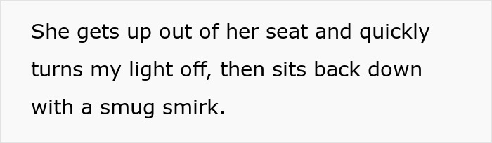Text about turning off seat light with a smug smirk Text about turning off seat light with a smug smirk