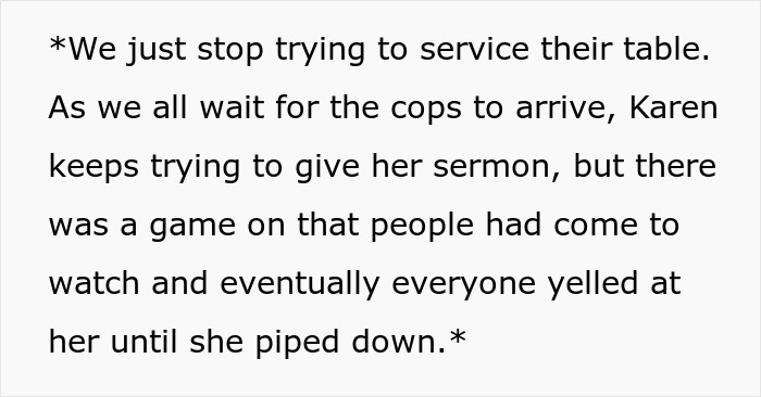 Text explaining that the pub stopped serving the religious fanatics who called cops on a pregnant woman.