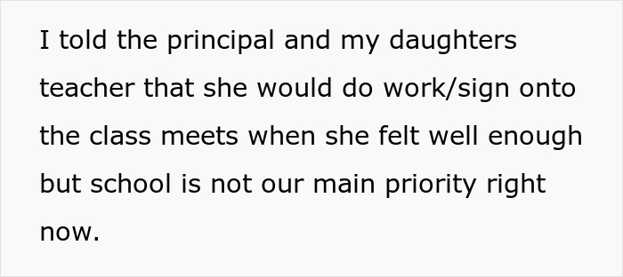 Screenshot of a social media post: mom explains her daughter undergoing chemotherapy will do schoolwork when able. Screenshot of a social media post: mom explains her daughter undergoing chemotherapy will do schoolwork when able.