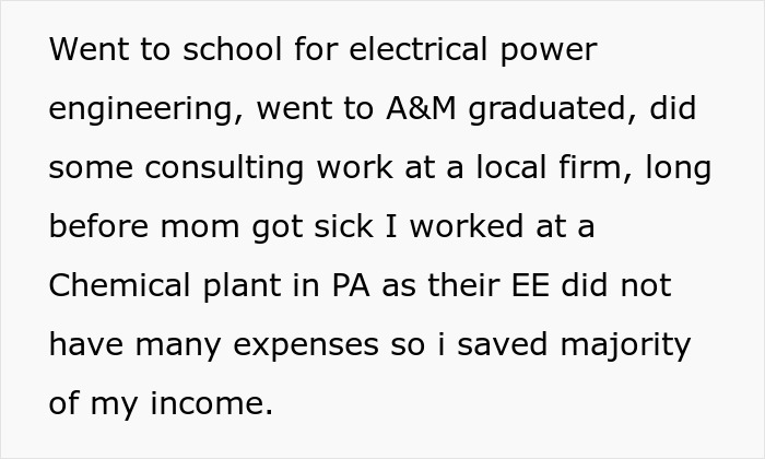 Text about career and saving income before mother's illness Text about career and saving income before mother's illness