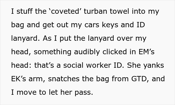 Text bubble: The woman puts the hair towel in her bag as the mom realizes her identity. Text bubble: The woman puts the hair towel in her bag as the mom realizes her identity.