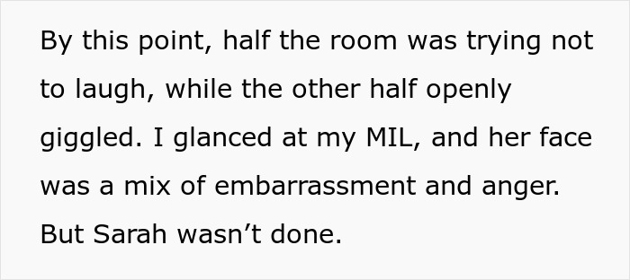 Guests react with laughter as MIL shows embarrassment at the son's wedding.
