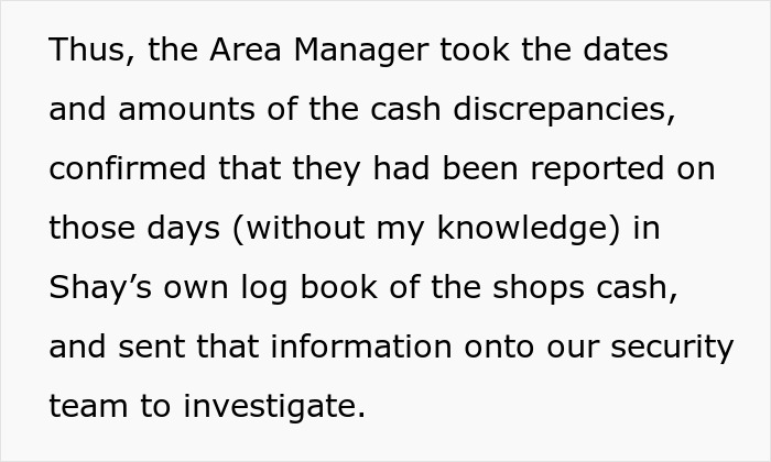 Text describing the Area Manager's actions to investigate cash discrepancies related to stealing and company security.