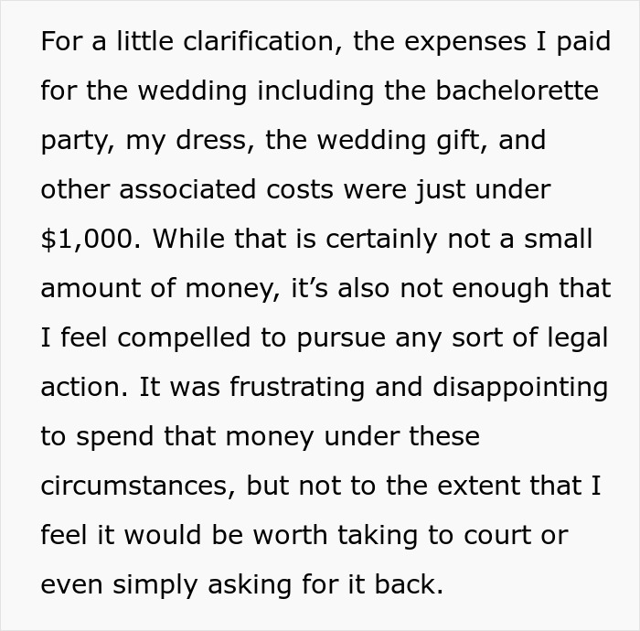 Clarification of wedding expenses and financial frustration with MOH role