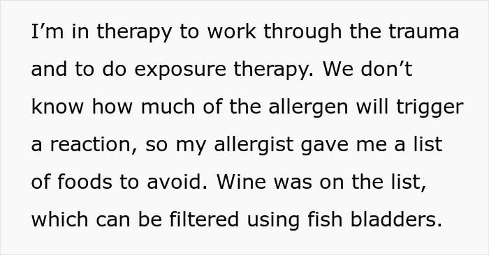 Text about therapy and allergist food avoidance list including wine
