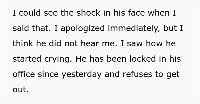 Husband in shock and crying, locked in his office after pregnant woman mentions divorce. Husband in shock and crying, locked in his office after pregnant woman mentions divorce.