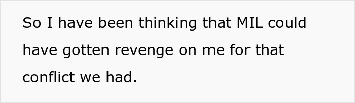 A text box showing a person's suspicion that MIL got revenge, making them violently sick.