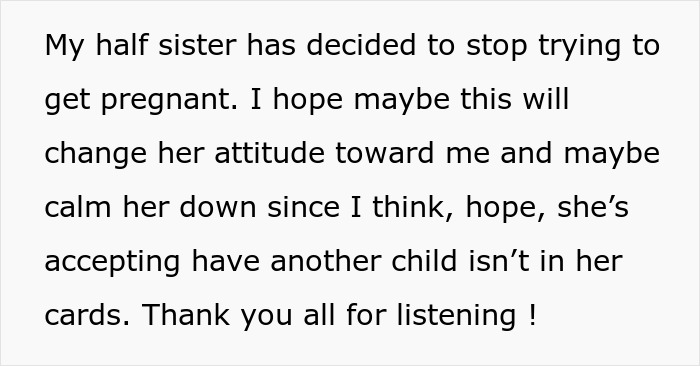 Text about half sister stopping trying to get pregnant in newborn baby claim update Text about half sister stopping trying to get pregnant in newborn baby claim update