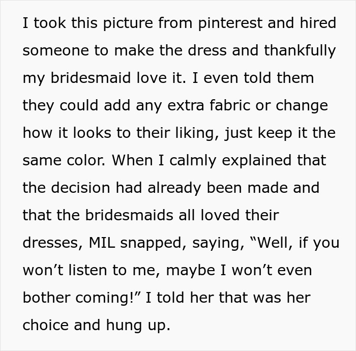 Screenshot of text detailing the bride's decision about the bridesmaid dresses for the son's wedding.