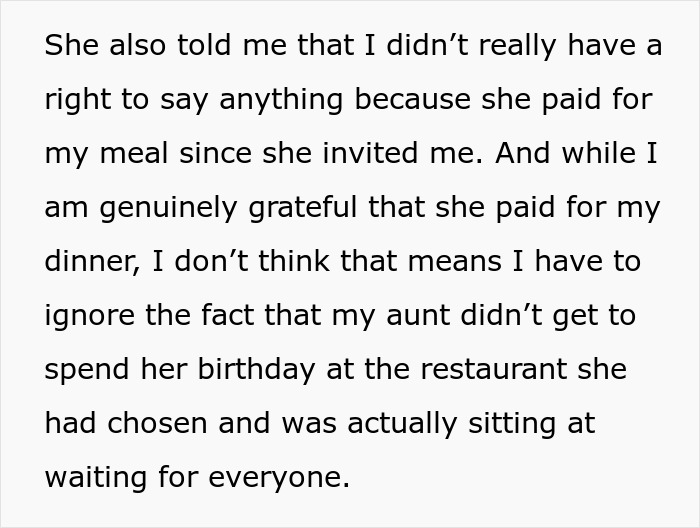 Text snippet: woman notes mom thinks she's right since she paid, but aunt's birthday plans were hijacked. Text snippet: woman notes mom thinks she's right since she paid, but aunt's birthday plans were hijacked.