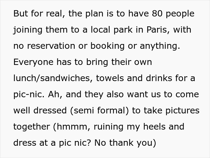 Text describing plan for 80 people at Paris park picnic with no reservation and semi formal dress code Text describing plan for 80 people at Paris park picnic with no reservation and semi formal dress code