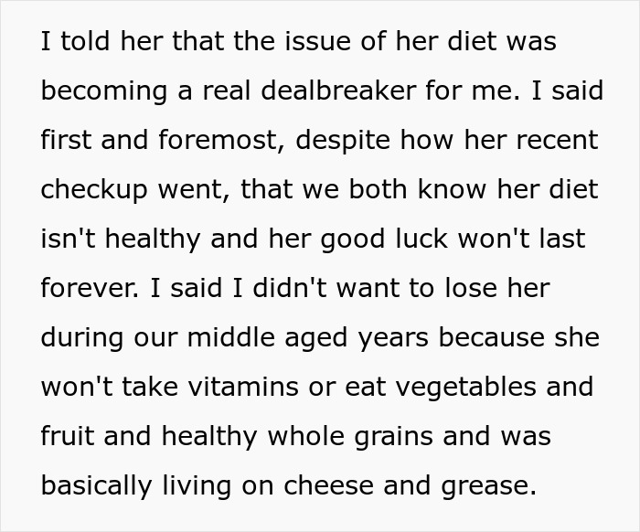 Text discussing a picky eater girlfriend's unhealthy diet as a relationship dealbreaker. Text discussing a picky eater girlfriend's unhealthy diet as a relationship dealbreaker.