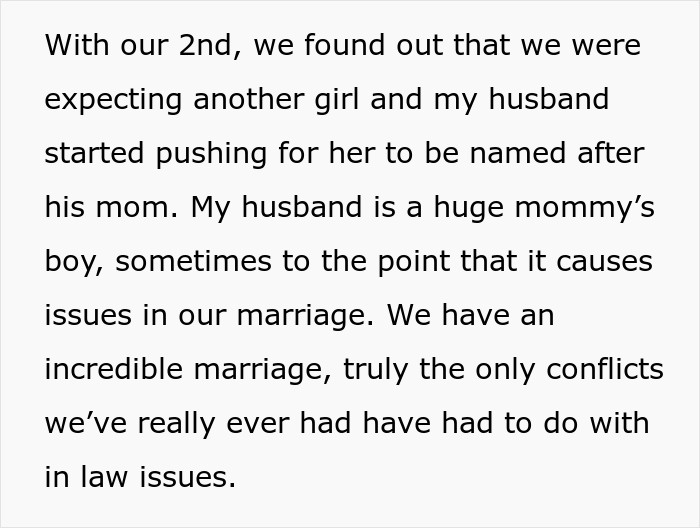 Text detailing a husband wanting to honor his mom by naming their second child after her, causing marital conflict.