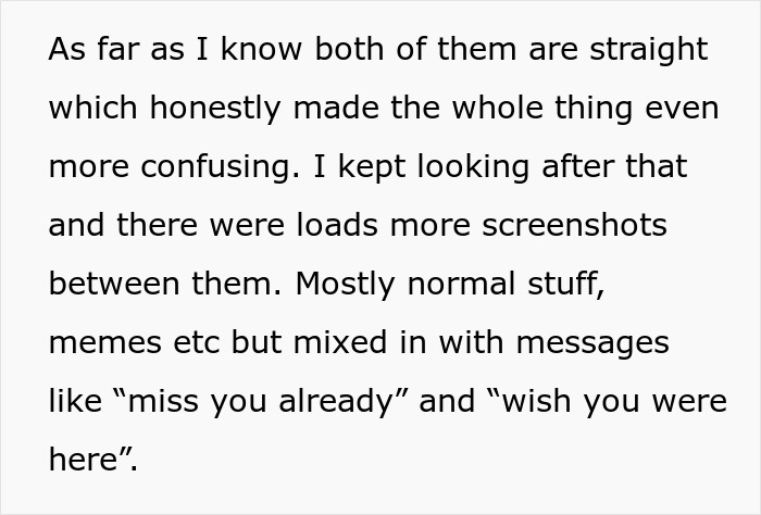 Screenshot of text about confusion over straight relationships and messages like miss you already