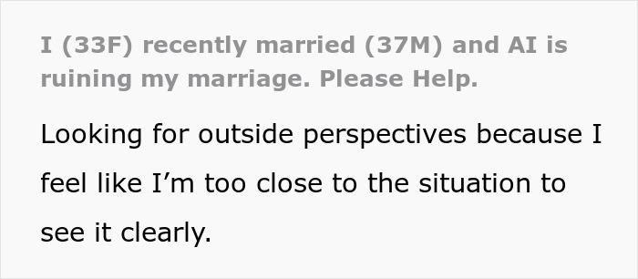 Text post about AI ruining marriage and seeking outside perspective Text post about AI ruining marriage and seeking outside perspective