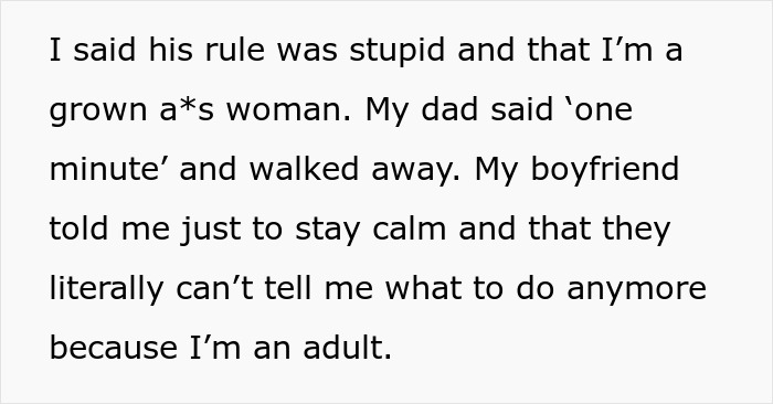 A woman is told to leave home after refusing to follow one rule. She argues with her dad about his rule.