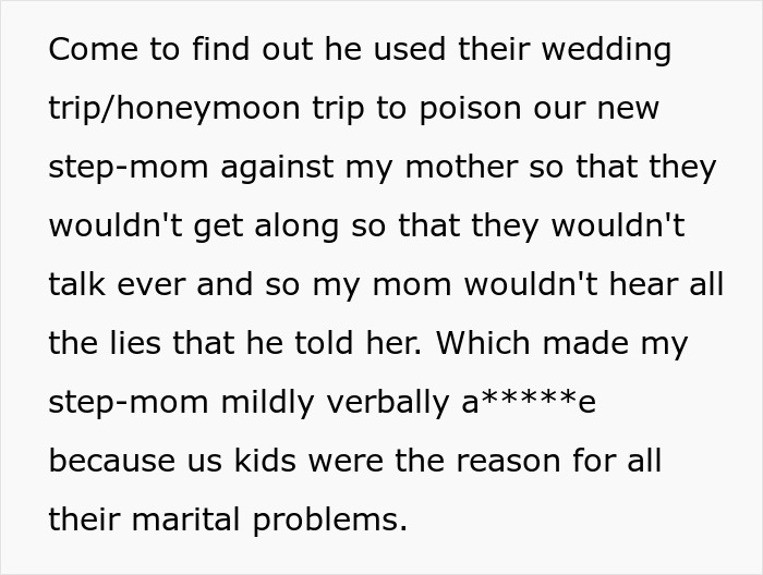 A screenshot of text explaining a dad's wedding trip, a new stepmom, and a bride's plans to spite her dad.