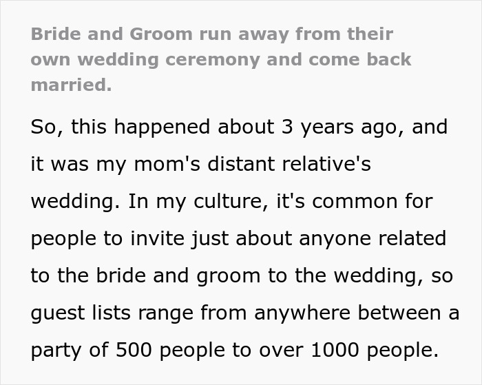 Text excerpt about bride and groom running away from wedding ceremony