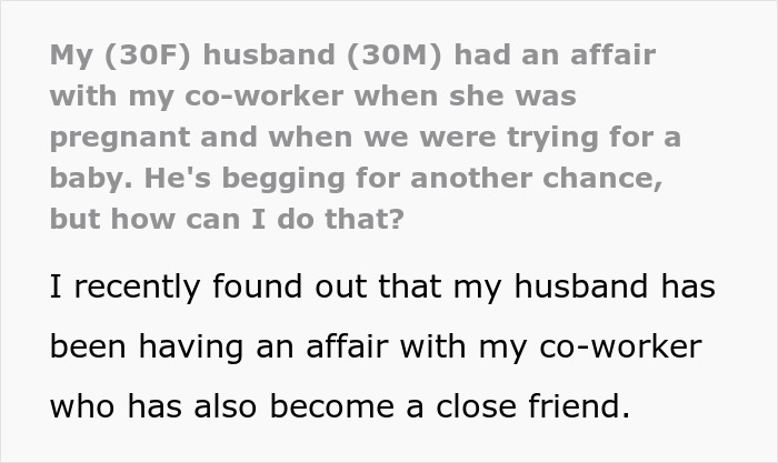 Screenshot of text revealing a woman's suspicions over her husband having an affair with a co-worker. Screenshot of text revealing a woman's suspicions over her husband having an affair with a co-worker.