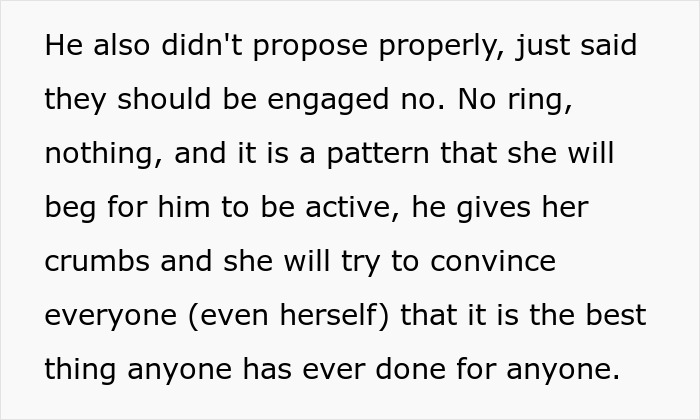 Text about fiancé's improper proposal and woman's effort to justify it Text about fiancé's improper proposal and woman's effort to justify it