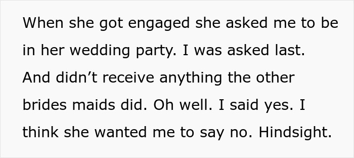 Text about engagement and exclusion from bridesmaids' gifts Text about engagement and exclusion from bridesmaids' gifts