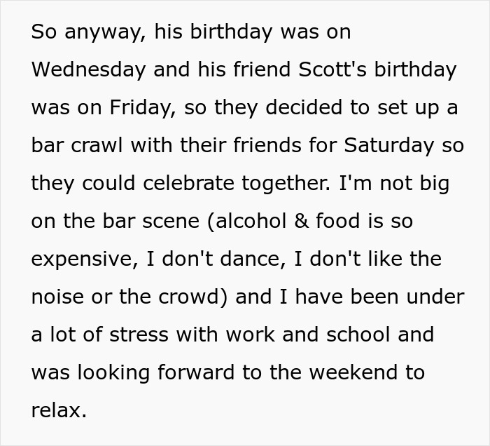 Screenshot of text explaining why an introverted GF doesn't want to go to a bar crawl for her boyfriend's birthday. Screenshot of text explaining why an introverted GF doesn't want to go to a bar crawl for her boyfriend's birthday.