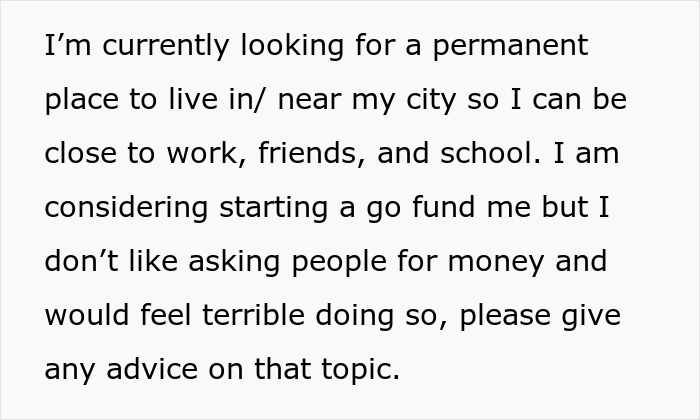 Text snippet: Woman is told to leave home after refusing to follow one rule, now looking for a permanent place.