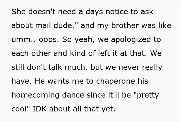 The woman who had to leave home for refusing to follow a rule receives an apology from her brother, but they remain distant.