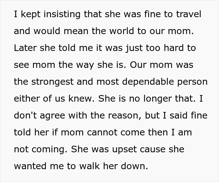 Text excerpt about disagreement over mom attending sister's wedding Text excerpt about disagreement over mom attending sister's wedding