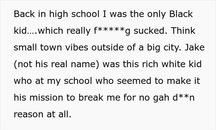 Text excerpt describing high school bullying experience and victim Text excerpt describing high school bullying experience and victim
