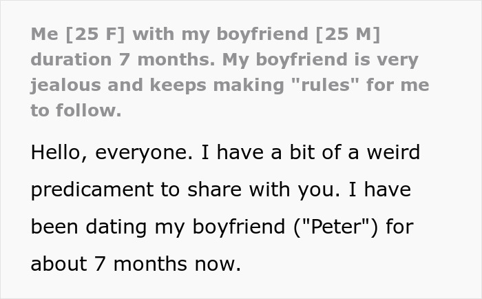 Screenshot of text describing a toxic guy with jealousy and ridiculous rules in a relationship, showing the beginning of a problem.