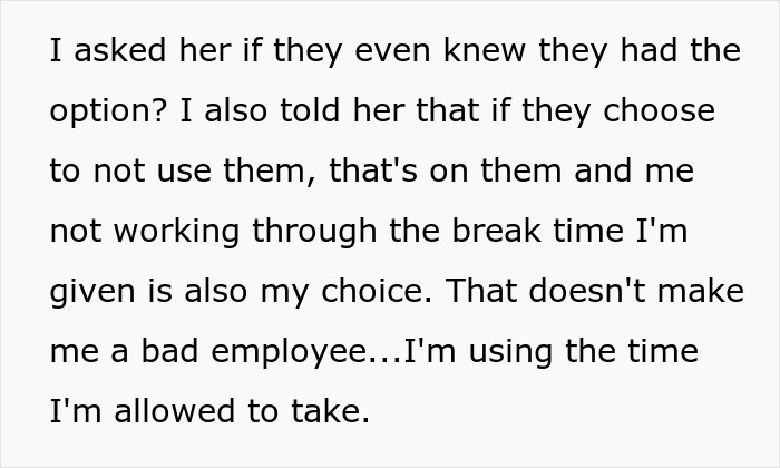 A screenshot of text about a coworker responding to an ableist Karen about taking allowed break time.