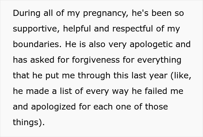 Text detail about the husband's supportive and apologetic behavior during the pregnant woman's pregnancy. Text detail about the husband's supportive and apologetic behavior during the pregnant woman's pregnancy.