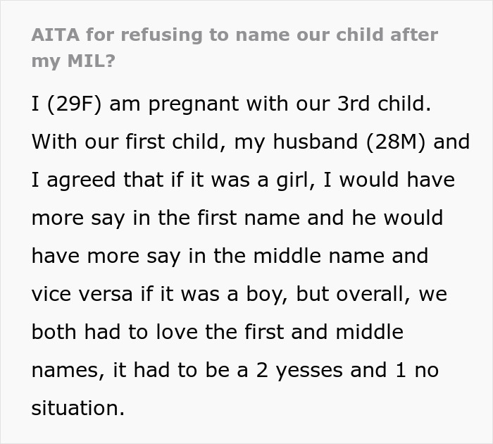 Screenshot of an online post detailing a wife's refusal to honor her husband's mom by naming their child after her.