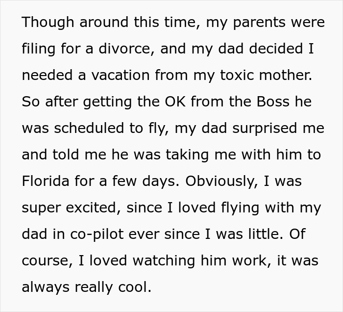 Text about divorce and daughter going on vacation with pilot dad Text about divorce and daughter going on vacation with pilot dad