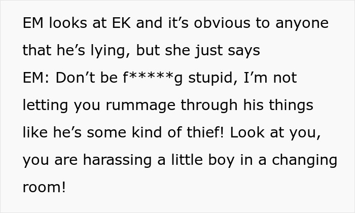 A screenshot of text showing the mom refusing to let the woman search her kid's bag, accusing her of harassment. A screenshot of text showing the mom refusing to let the woman search her kid's bag, accusing her of harassment.