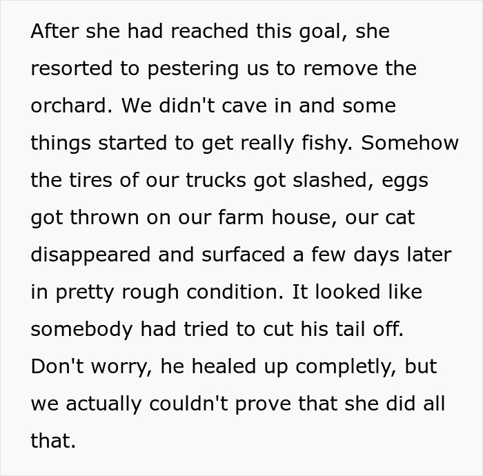 Entitled Woman Sneakily Destroys 120YO Orchard, Neighbor Takes Revenge Worth $437K On Her