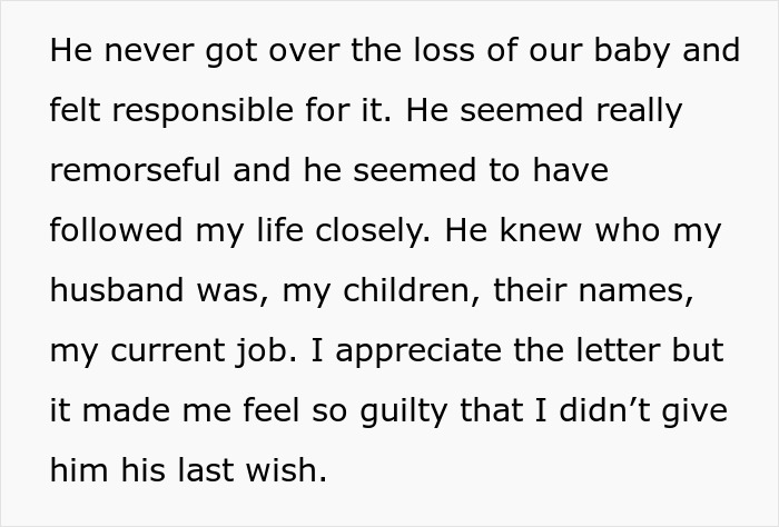 Text detail of the ex-husband's apology letter, expressing his enduring love and guilt over the loss of their baby and inheritance.