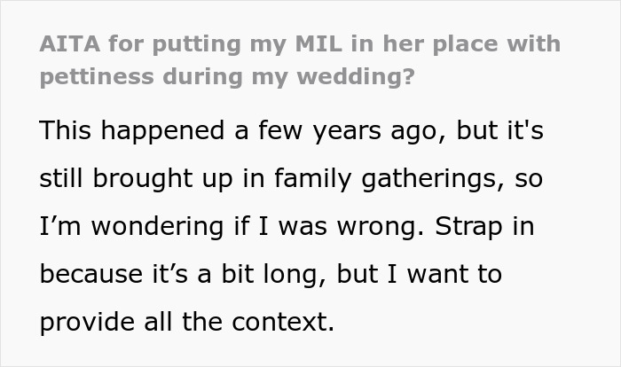 Screenshot of text asking if the author was wrong for putting MIL in her place during a wedding.