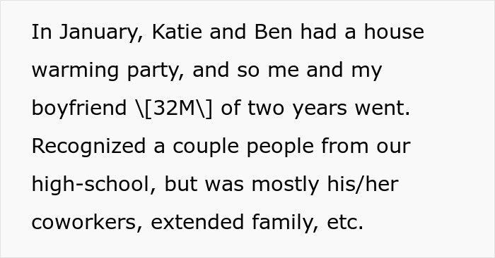 A screenshot detailing the friend attending a housewarming, setting the scene for the later bridesmaid devastation and friendship end.
