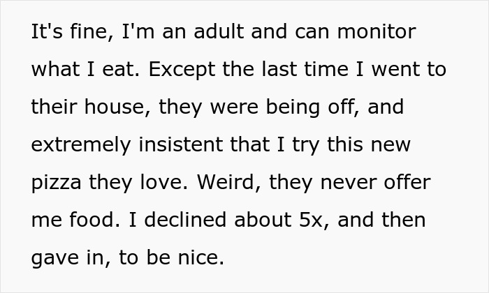Text detailing an adult's experience being tricked into eating food, despite their gluten free diet.