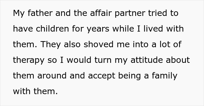 Father and affair partner pressured to accept family, therapy attempts described Father and affair partner pressured to accept family, therapy attempts described