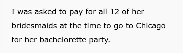 Text about being asked to pay for multiple bridesmaids for a bachelorette party