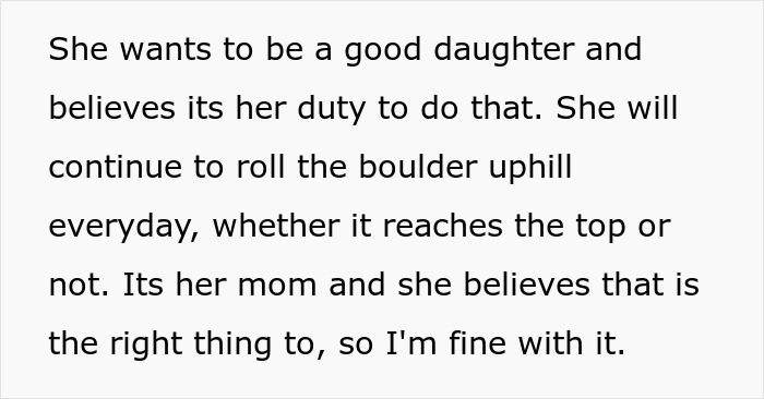 A screenshot of text about a daughter feeling it's her duty to be a good daughter, despite her attention-seeker mom. A screenshot of text about a daughter feeling it's her duty to be a good daughter, despite her attention-seeker mom.