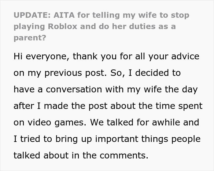 An update about a husband addressing his wife's gaming problem and its impact on their son.